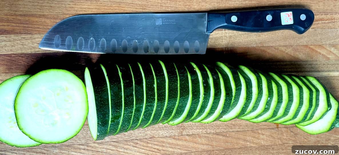 Crispy Air Fryer Zucchini Chips Recipe 4 sliced zucchini on a cutting board.