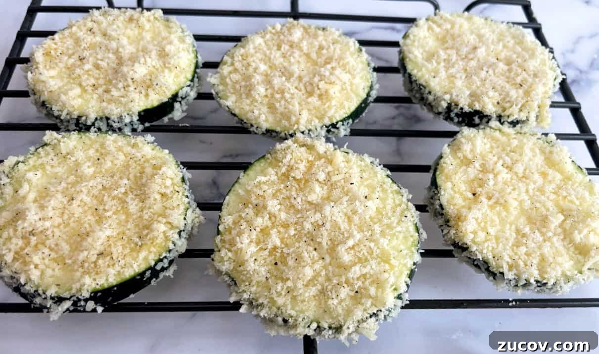 Crispy Air Fryer Zucchini Chips Recipe 7 breaded zucchini on a rack.