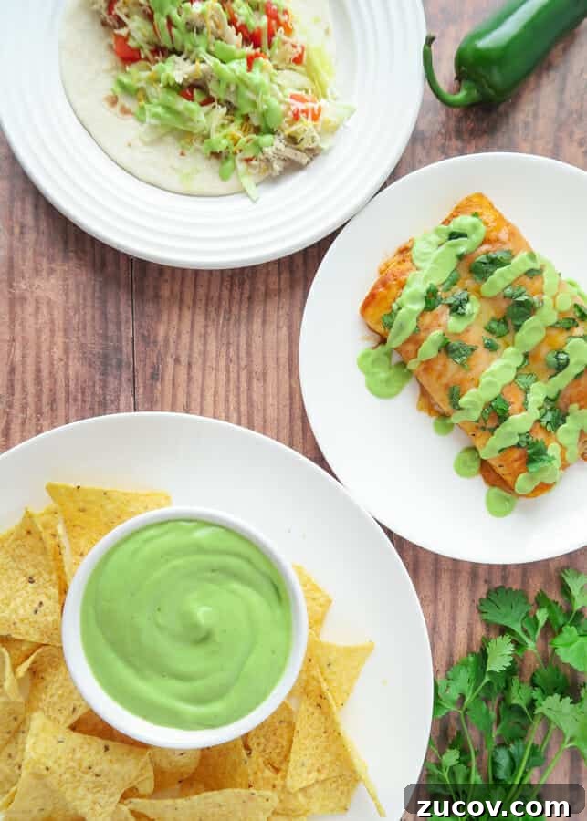 Creamy Avocado Yogurt Sauce with Greek Yogurt 10 overhead shot of creamy avocado sauce as a dip and on enchiladas and tacos