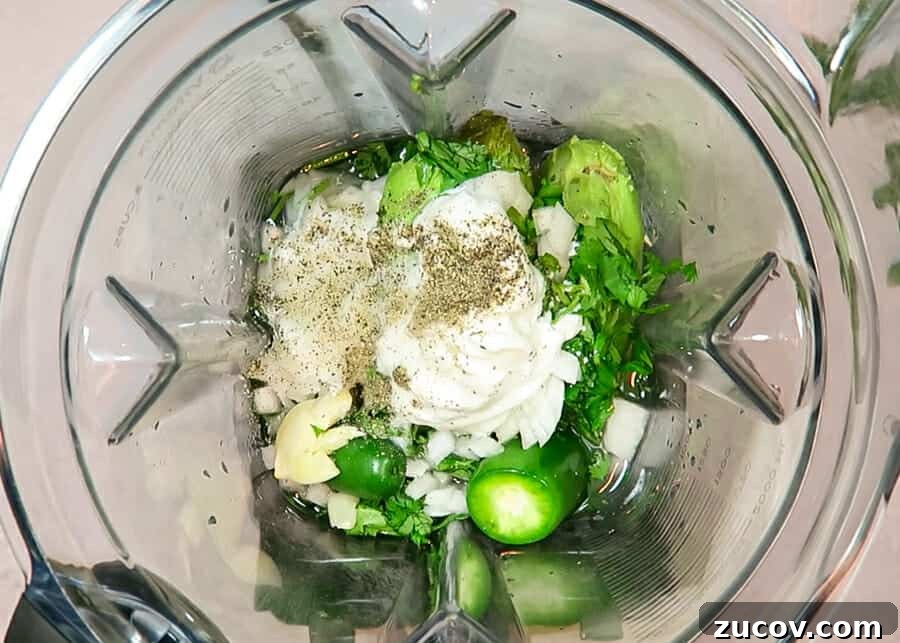 Creamy Avocado Yogurt Sauce with Greek Yogurt 5 ingredients for the creamy avocado sauce shown in the vitamix