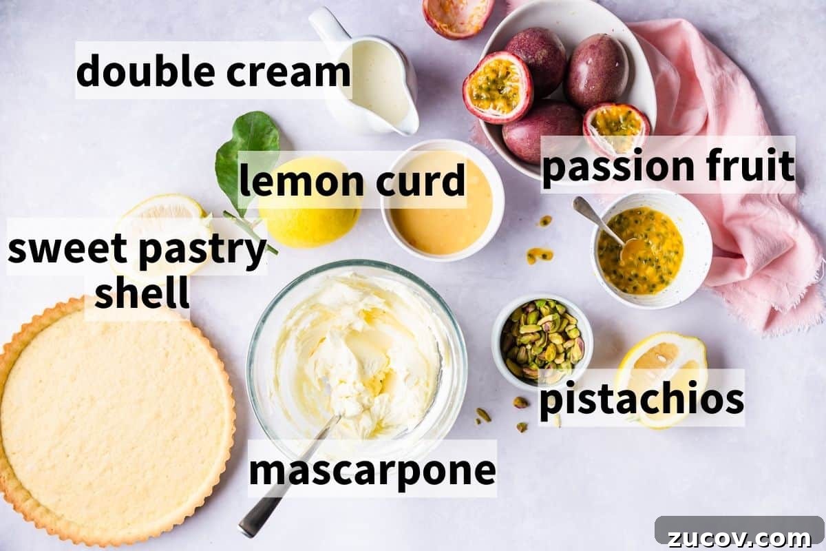 Zesty Lemon Mascarpone Tart Recipe for Creamy Citrus Dessert 3 ingredients for lemon mascarpone tart with text labels.