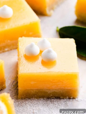 side angle super close up at a square slice of lemon curd bars topped with mini-meringue