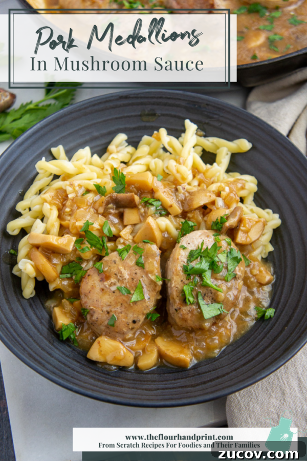 Juicy Pork Tenderloin with Creamy Mushroom Sauce Recipe 6 pork medallions with mushroom sauce over noodles