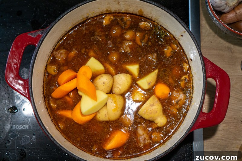 Classic Old-Fashioned Beef Stew Recipe (No Wine) 11 Adding the potatoes and carrots to the beef stew