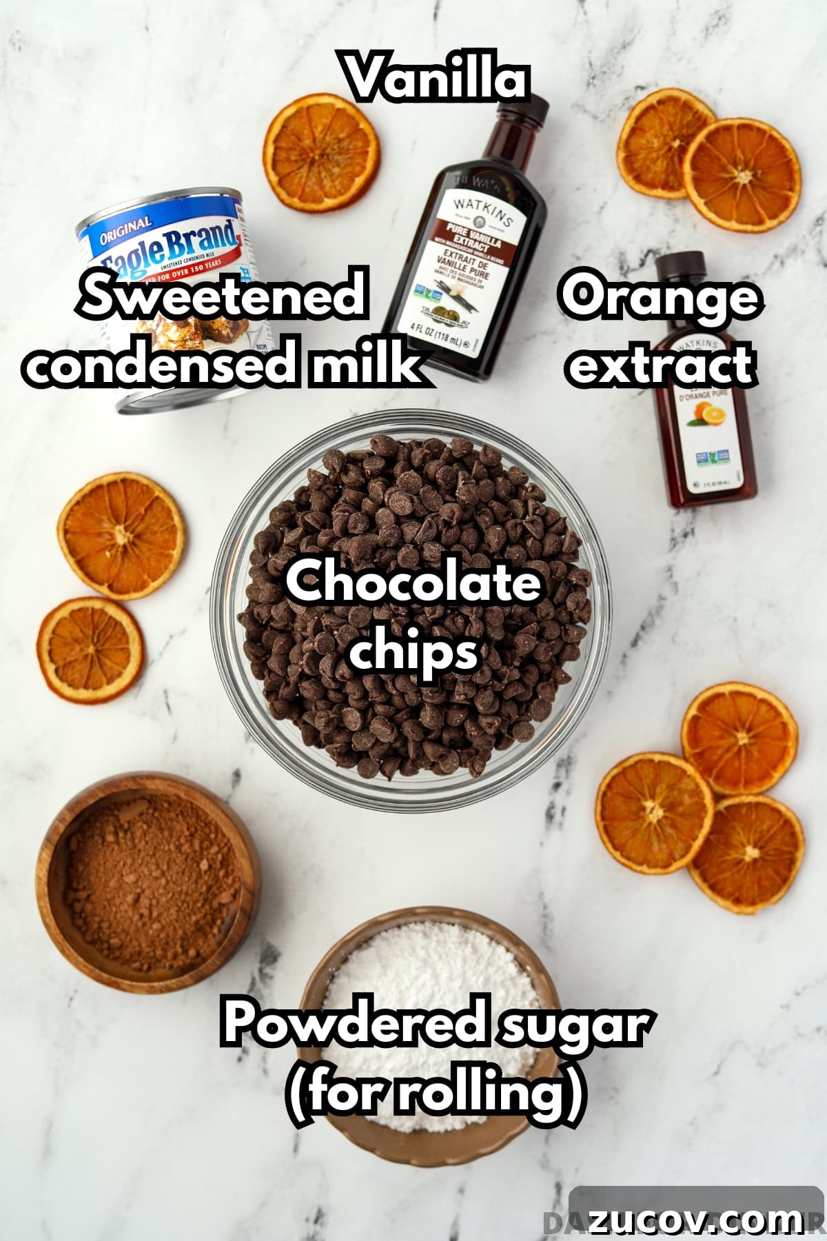 Decadent Chocolate Orange Truffles Recipe for Homemade Gifts 3 The ingredients needed to make easy orange truffles: sweetened condensed milk, chocolate chips, orange extract, etc.