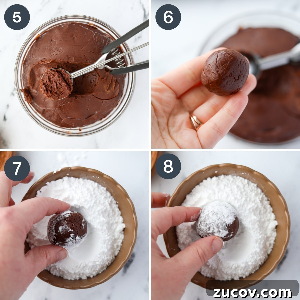 Decadent Chocolate Orange Truffles Recipe for Homemade Gifts 6 Rolling balls of chocolate in powdered sugar.