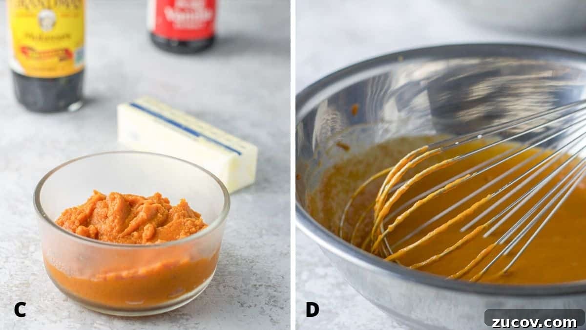 Pumpkin Glazed Scones with Maple Spice Frosting 4 Pumpkin puree, butter, molasses and vanilla on a table and then in a bowl mixed with a whisk