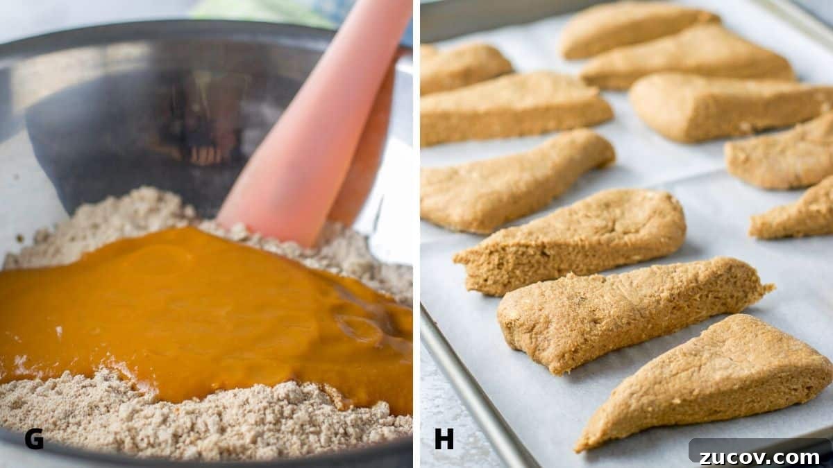 Pumpkin Glazed Scones with Maple Spice Frosting 6 The pumpkin mix in the flour mixture and then the scone dough cut into triangles and on a parchment paper covered pan