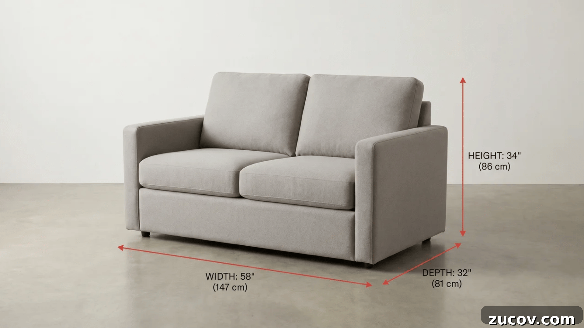 Couch Size Guide: Find the Right Sofa for Every Room 2 Compact two-seat loveseat viewed at an angle with measurement lines marking width, depth, and height.