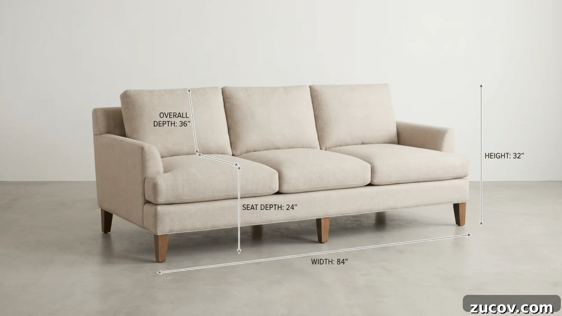 Couch Size Guide: Find the Right Sofa for Every Room 3 Three-cushion sofa at an angle with separate measurement lines distinguishing overall depth and seat depth alongside width and height.