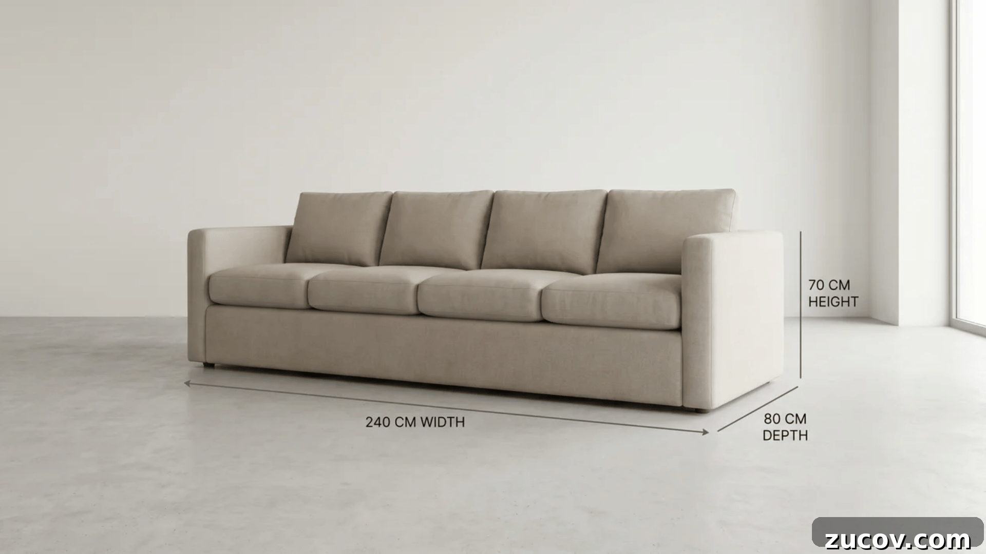 Couch Size Guide: Find the Right Sofa for Every Room 4 Wide four-cushion sofa viewed at an angle with measurement line across its full width and open floor space on both sides.