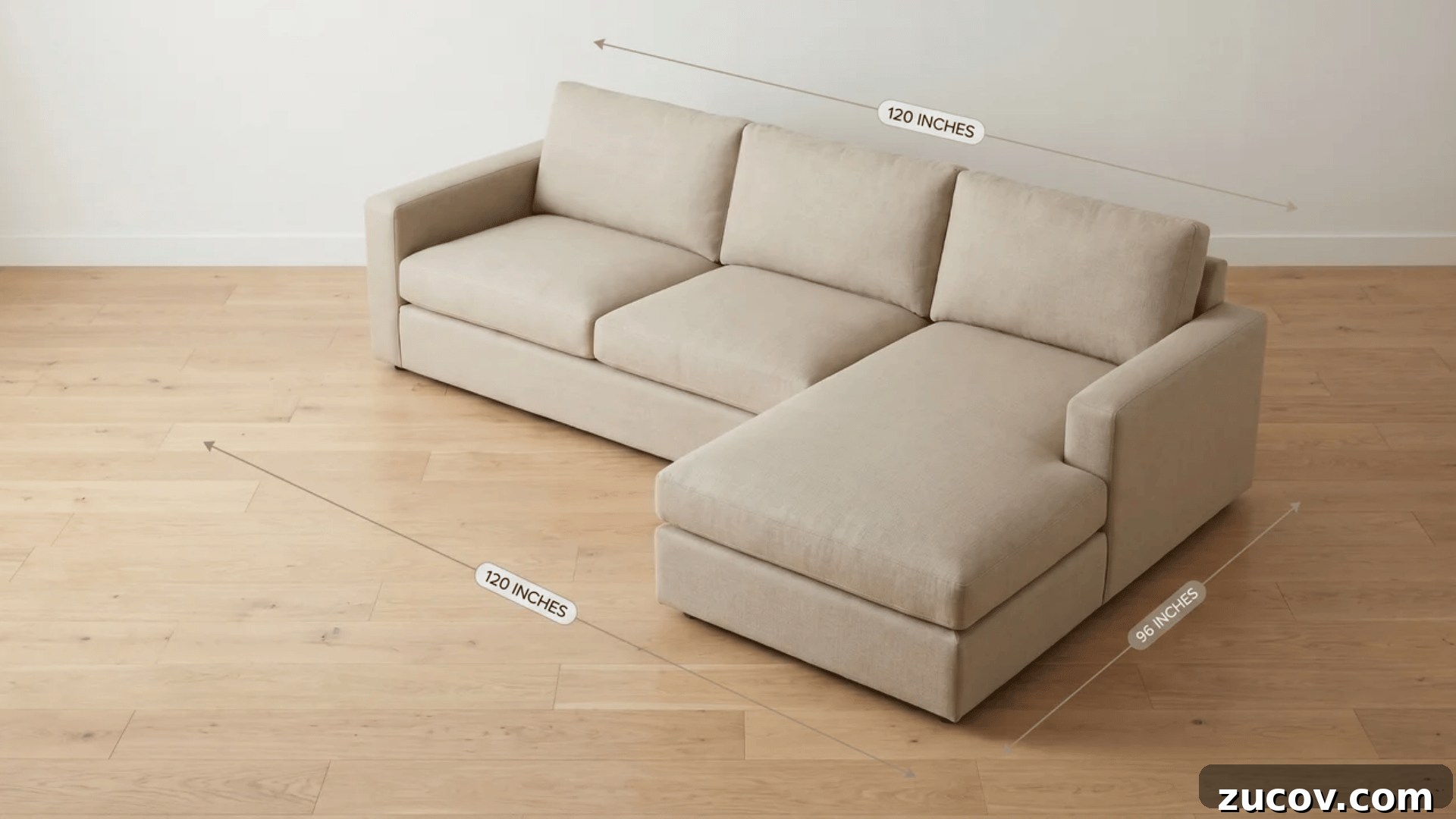 Couch Size Guide: Find the Right Sofa for Every Room 5 L-shaped sectional sofa viewed from above at an angle with separate measurement lines along the main run and chaise arm.