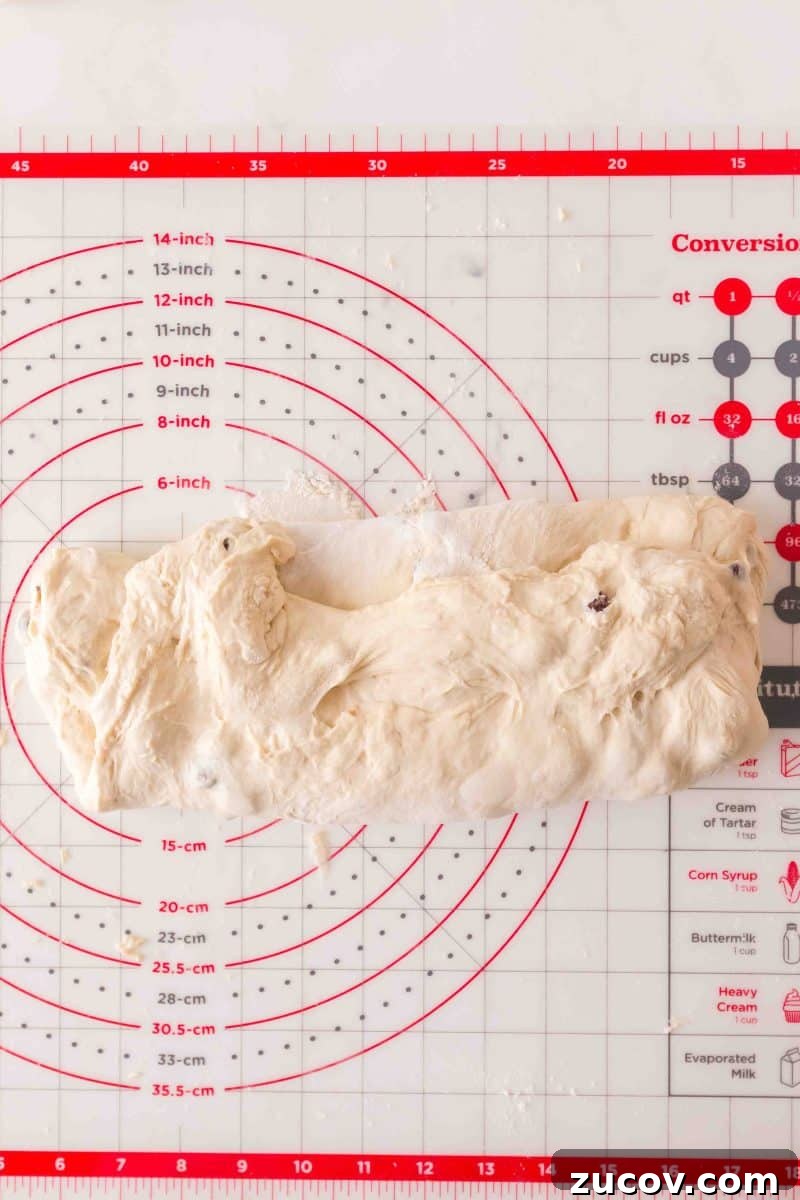 Sourdough Cinnamon Raisin Bread Recipe — Soft, Sweet & Spiced 12 Shaped sourdough cinnamon raisin bread log sitting on a baking mat. Hostess At Heart