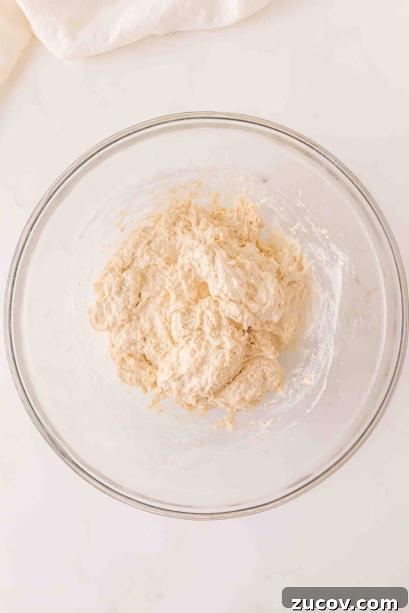 Sourdough Cinnamon Raisin Bread Recipe — Soft, Sweet & Spiced 6 Sticky sourdough bread dough in a mixing bowl. Hostess At Heart