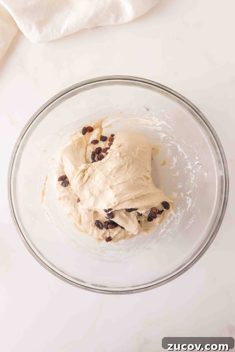 Sourdough Cinnamon Raisin Bread Recipe — Soft, Sweet & Spiced 9 Sticky sourdough bread dough in a mixing bowl with dark raisins after the first fold - Hostess At Heart