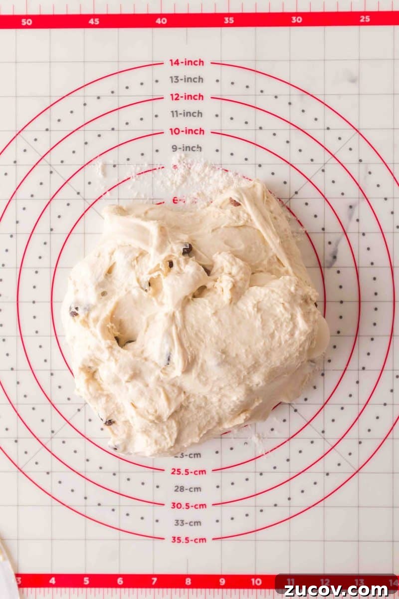 Sourdough Cinnamon Raisin Bread Recipe — Soft, Sweet & Spiced 10 Sourdough cinnamon raisin bread dough on a baking mat before shaping and filling - Hostess At Heart