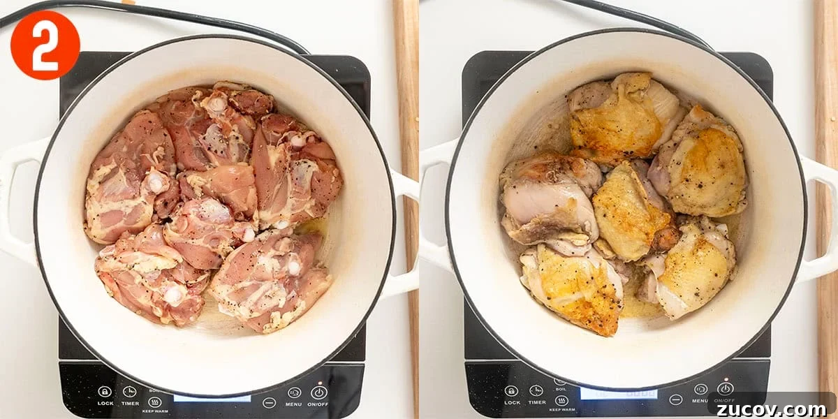 Classic Chicken Cacciatore Recipe: Rustic Italian Chicken Stew 5 Searing chicken thighs in a dutch oven.
