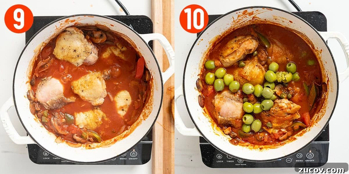 Classic Chicken Cacciatore Recipe: Rustic Italian Chicken Stew 8 Braising chicken thighs in dutch oven.