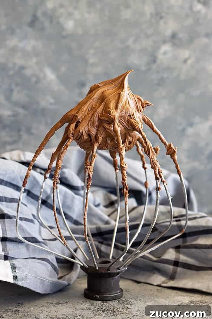 Decadent Chocolate Cream Cheese Frosting Recipe 2 chocolate cream cheese frosting on a wire whisk