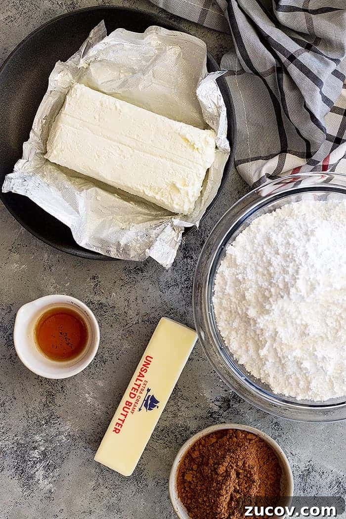 Decadent Chocolate Cream Cheese Frosting Recipe 3 overhead: chocolate cream cheese icing ingredients