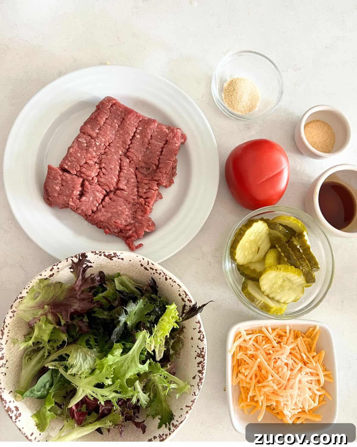 Big Mac Bowl Recipe: Classic Deconstructed Cheeseburger in Minutes 3 Ingredients needed for big mac in a bowl.