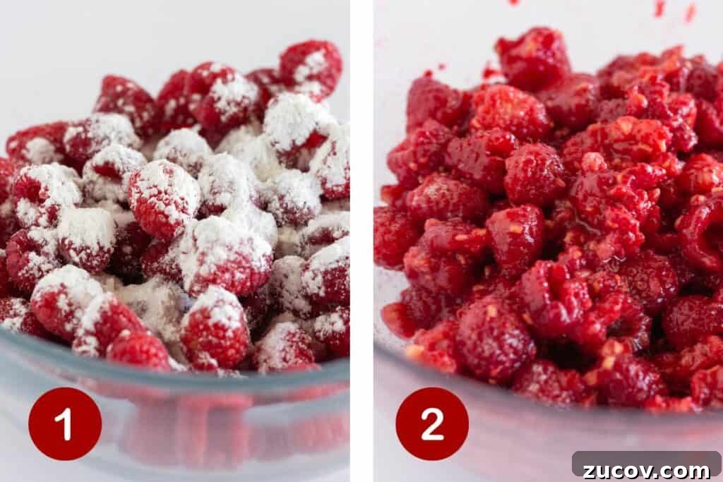 Fresh Raspberry Galette Recipe with Flaky Crust 4 Steps 1 and 2 of making a raspberry galette. 1, combine the raspberries with sugar and corn starch. 2, mix together and mash a few of the raspberries.