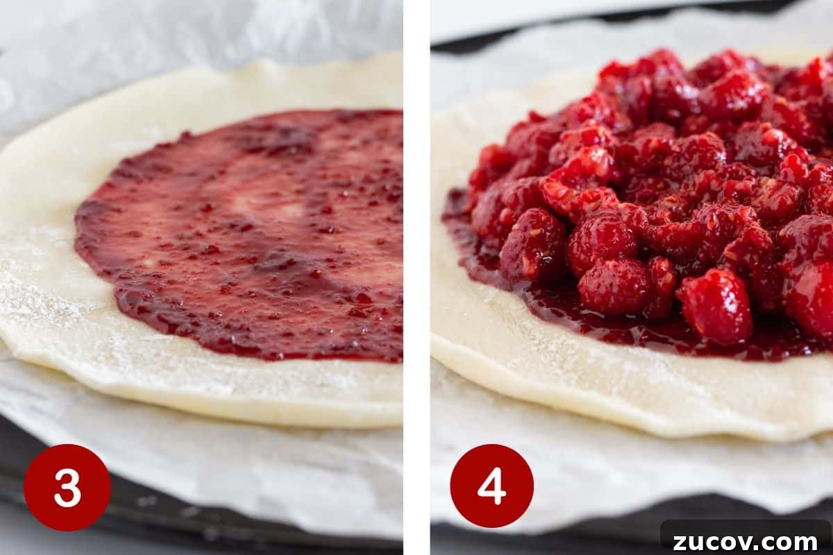 Fresh Raspberry Galette Recipe with Flaky Crust 5 Steps 3 and 4 of making a raspberry galette. 3, spread jam on the bottom of crust. 4, top with fresh fruit mixture.