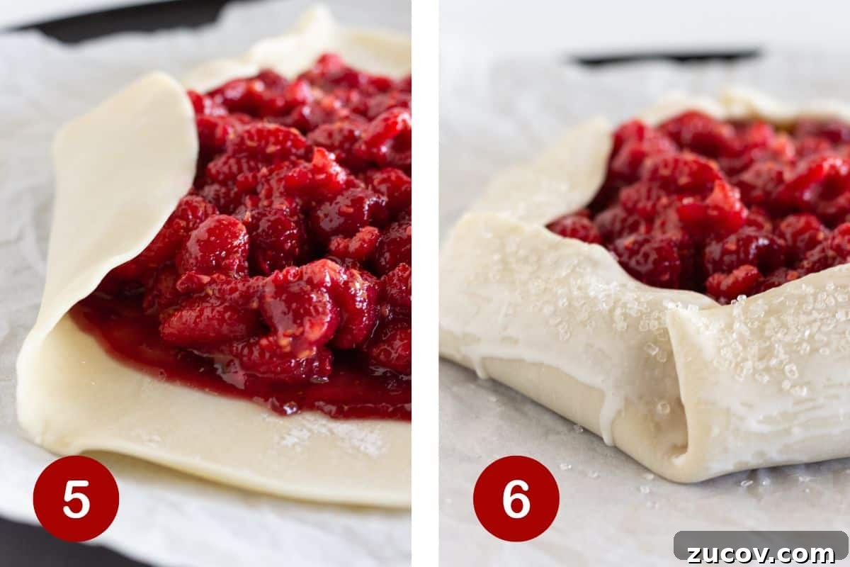 Fresh Raspberry Galette Recipe with Flaky Crust 6 Steps 5 and 6 of making a galette with raspberries. 5, fold the edges around the filling. 6, top the edge with heavy cream and sugar.