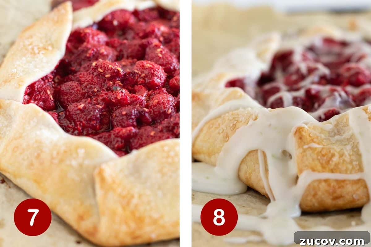 Fresh Raspberry Galette Recipe with Flaky Crust 7 Steps 7 and 8 of making a galette. 7, bake the galette. 8, cool and add lime glaze.