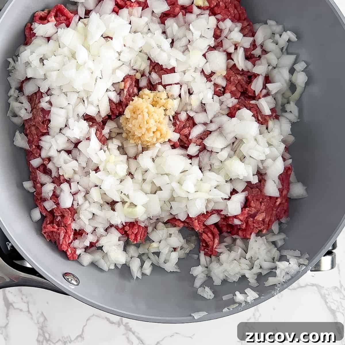 TikTok Spaghetti Recipe: Viral Creamy Pasta in 15 Minutes 4 Mixing the garlic, onion, and raw ground beef together.