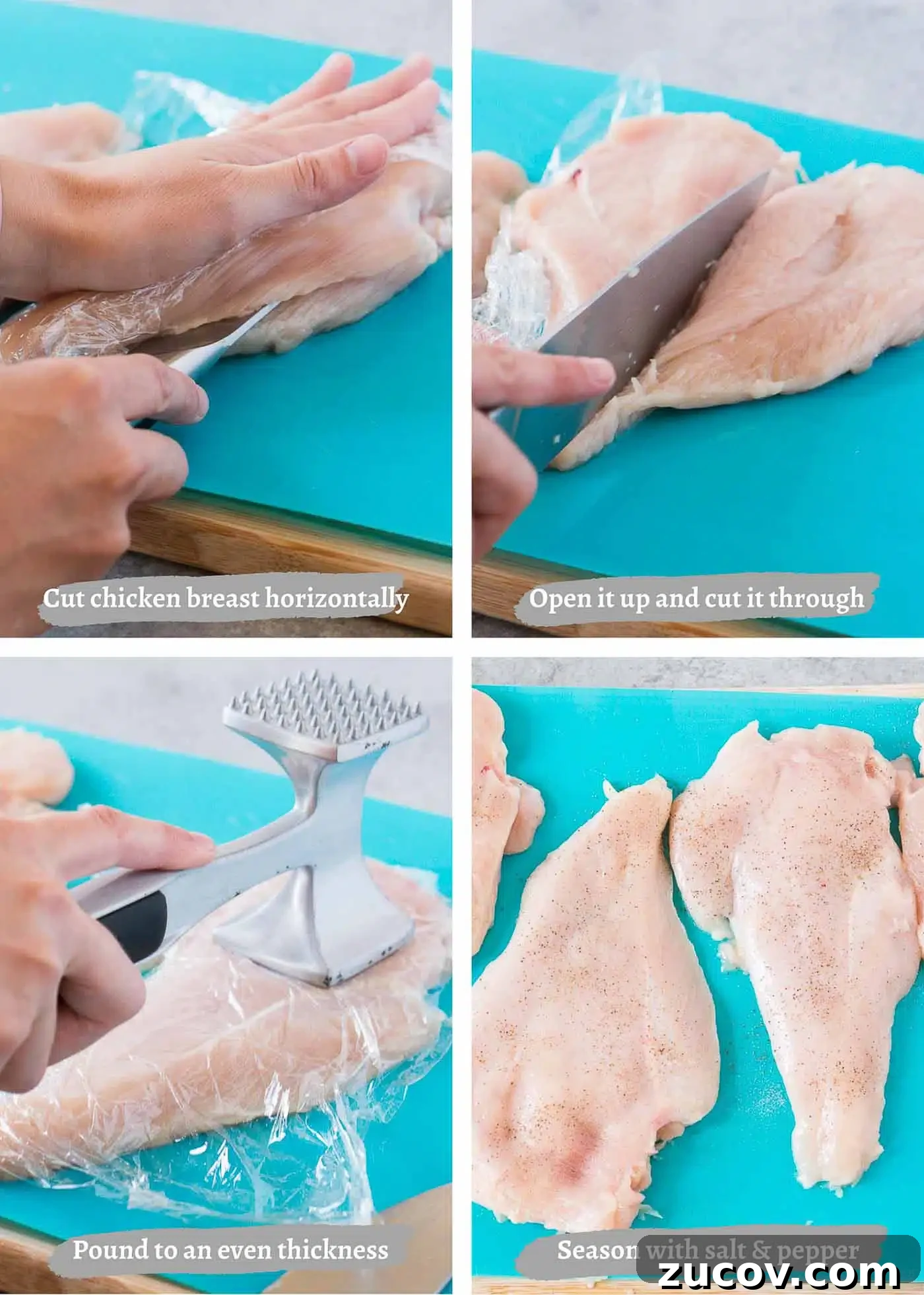 Crispy Chicken Milanese Recipe — Quick Italian-Style Cutlets 5 process images of cutting chicken breasts in half