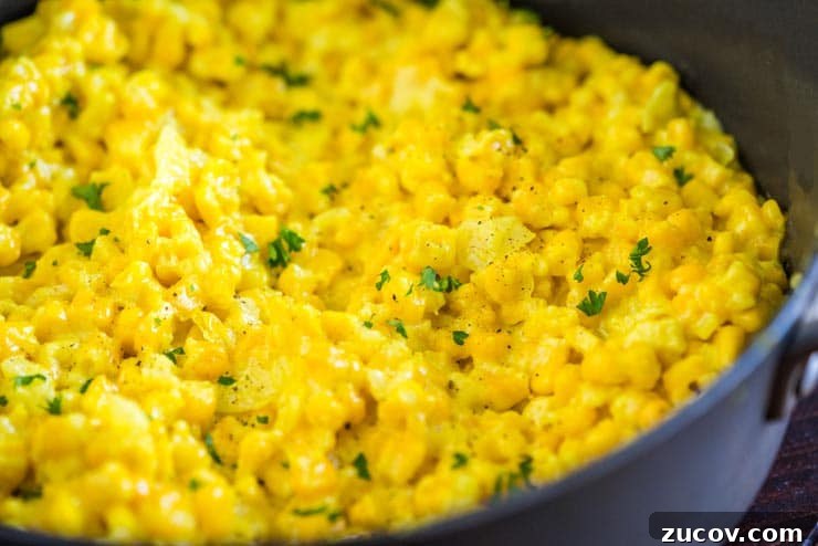 Creamy Homemade Corn Recipe for Comforting Side Dish 3 creamed corn in a non-stick skillet