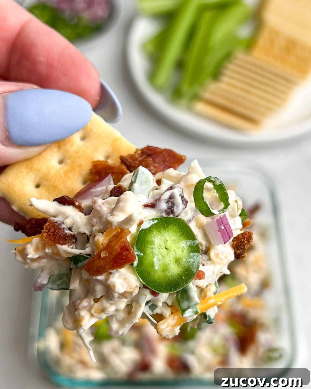 Jalapeño Popper Chicken Salad Recipe — Creamy, Spicy Twist 6 jalapeno popper chicken salad in a bowl and on a cracker
