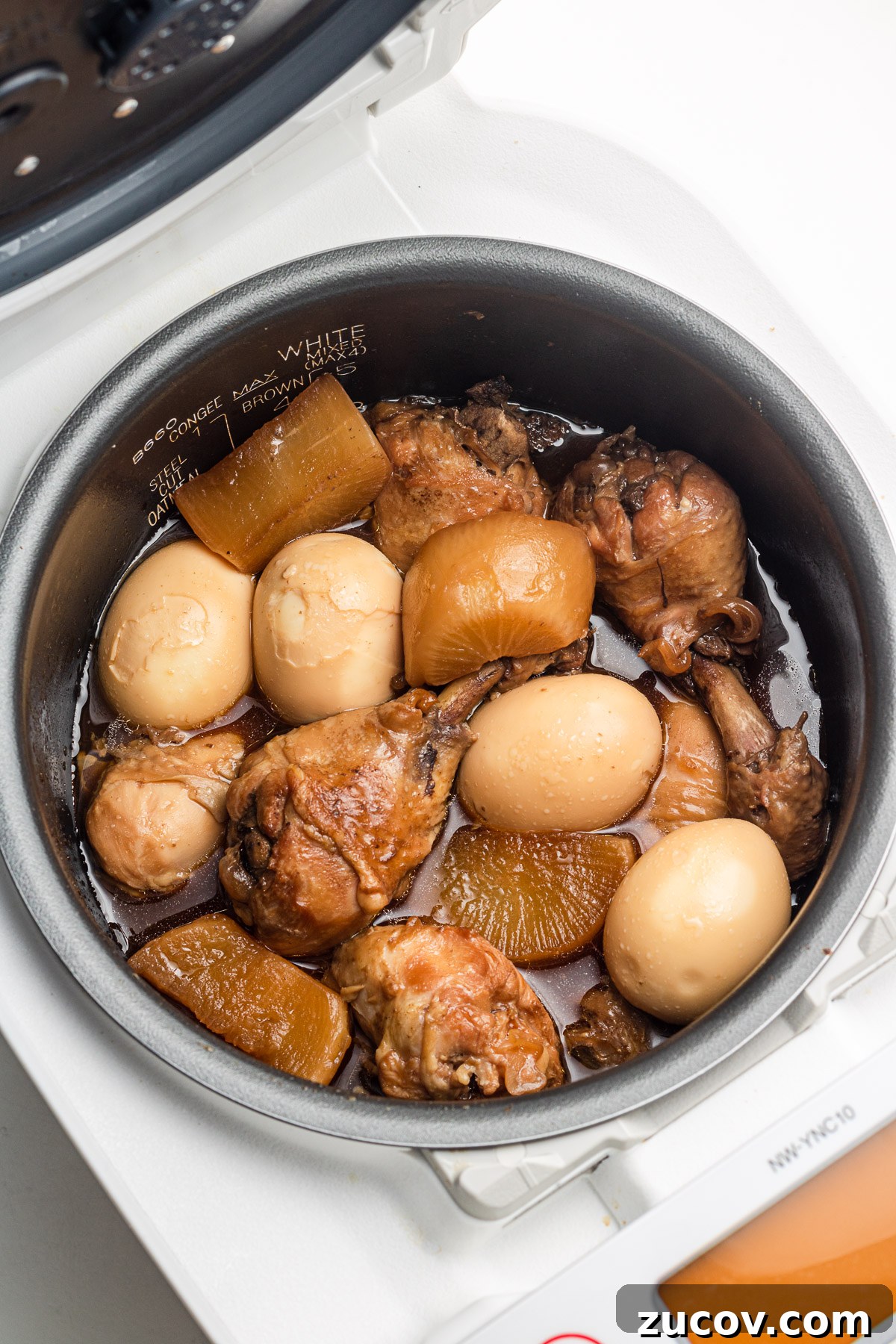 Rice Cooker Chicken Drumettes with Daikon (Toriniku Daikon) 2 1-pot chicken and daikon in a rice cooker pot with soft boiled eggs