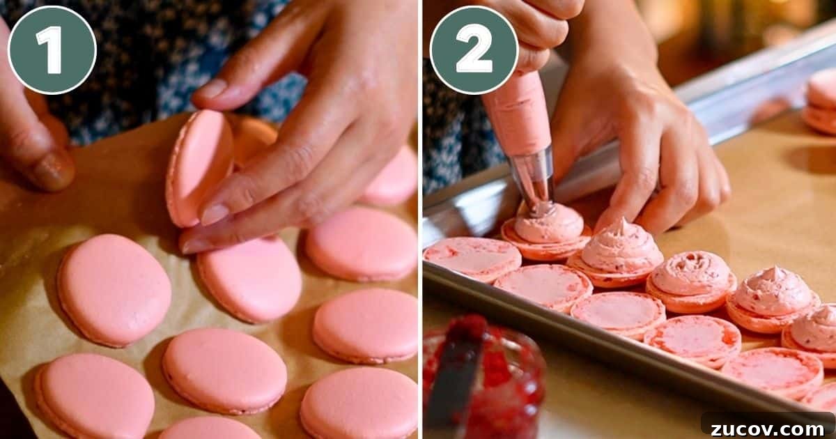 Raspberry Macarons Recipe: Light, Tangy French Cookies 14 removing the macaron shells from parchment paper and piping the buttercream
