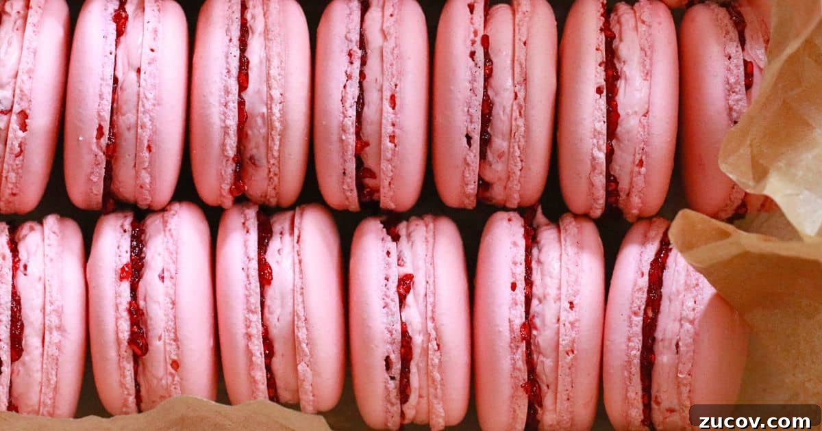 Raspberry Macarons Recipe: Light, Tangy French Cookies 18 a lined up raspberry macarons made with Italian method