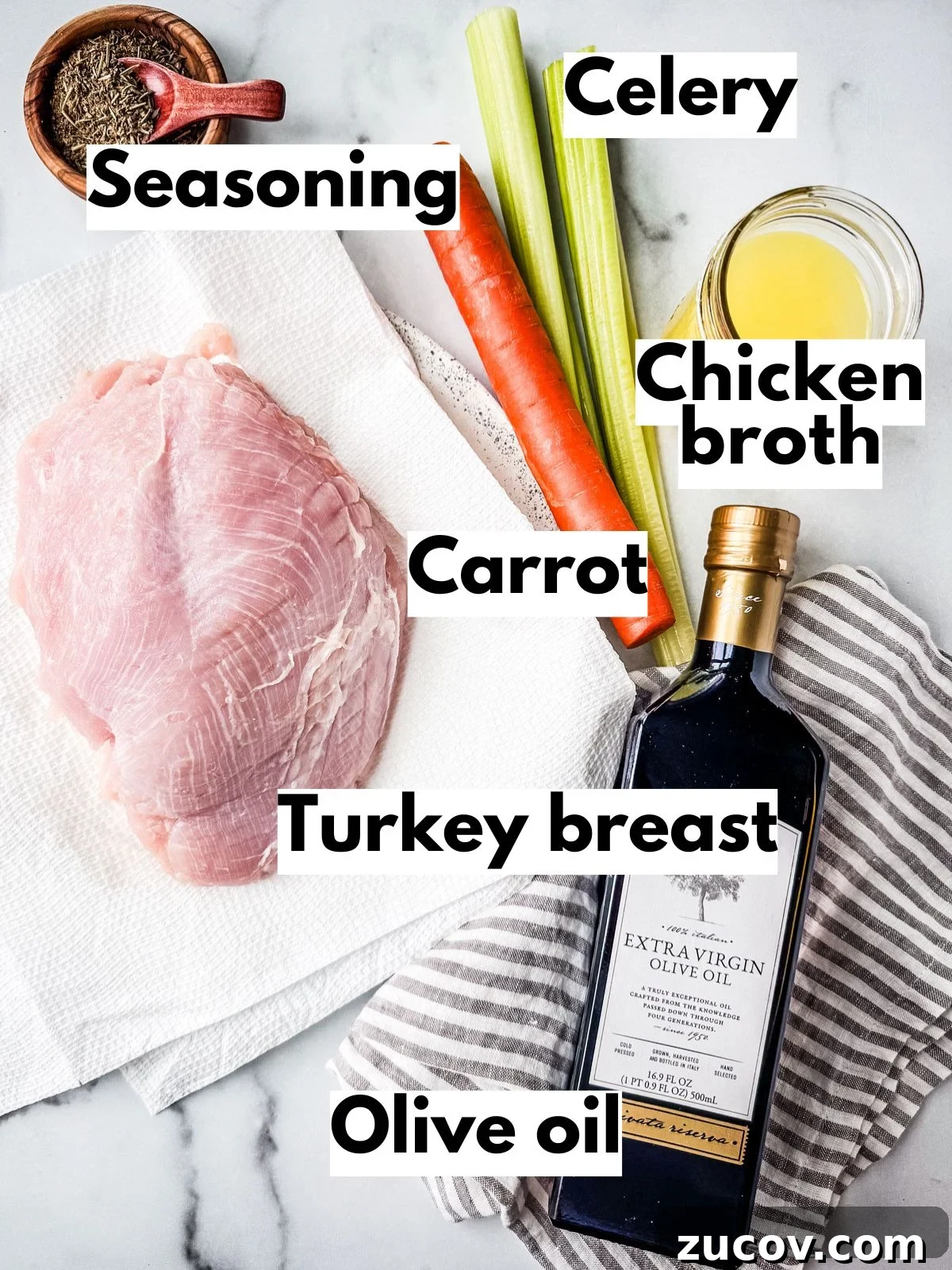 Crispy Juicy Air Fryer Turkey Breast Recipe 3 Ingredients for air fryer turkey breast on a white marble background.