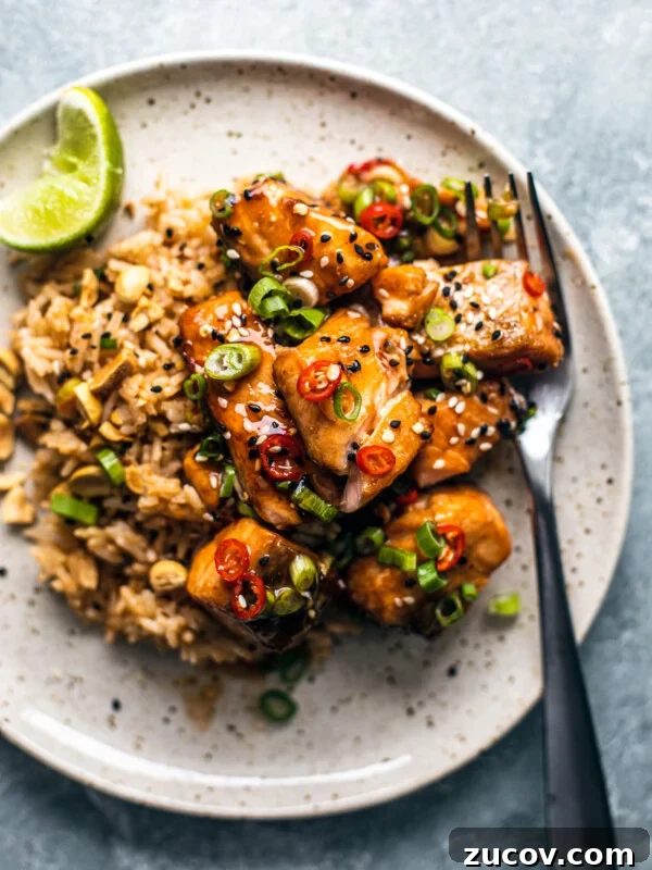 Crispy Juicy Air Fryer Turkey Breast Recipe 9 Plate with rice topped with cubed salmon tossed in sweet chili sauce and garnished with scallions and chilies.