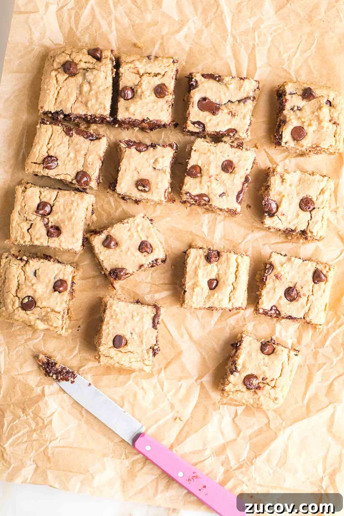 Vegan White Bean Blondies: Chewy, Protein-Packed Treats 2 White bean blondies with chocolate chips, cut into squares with a pink knife.
