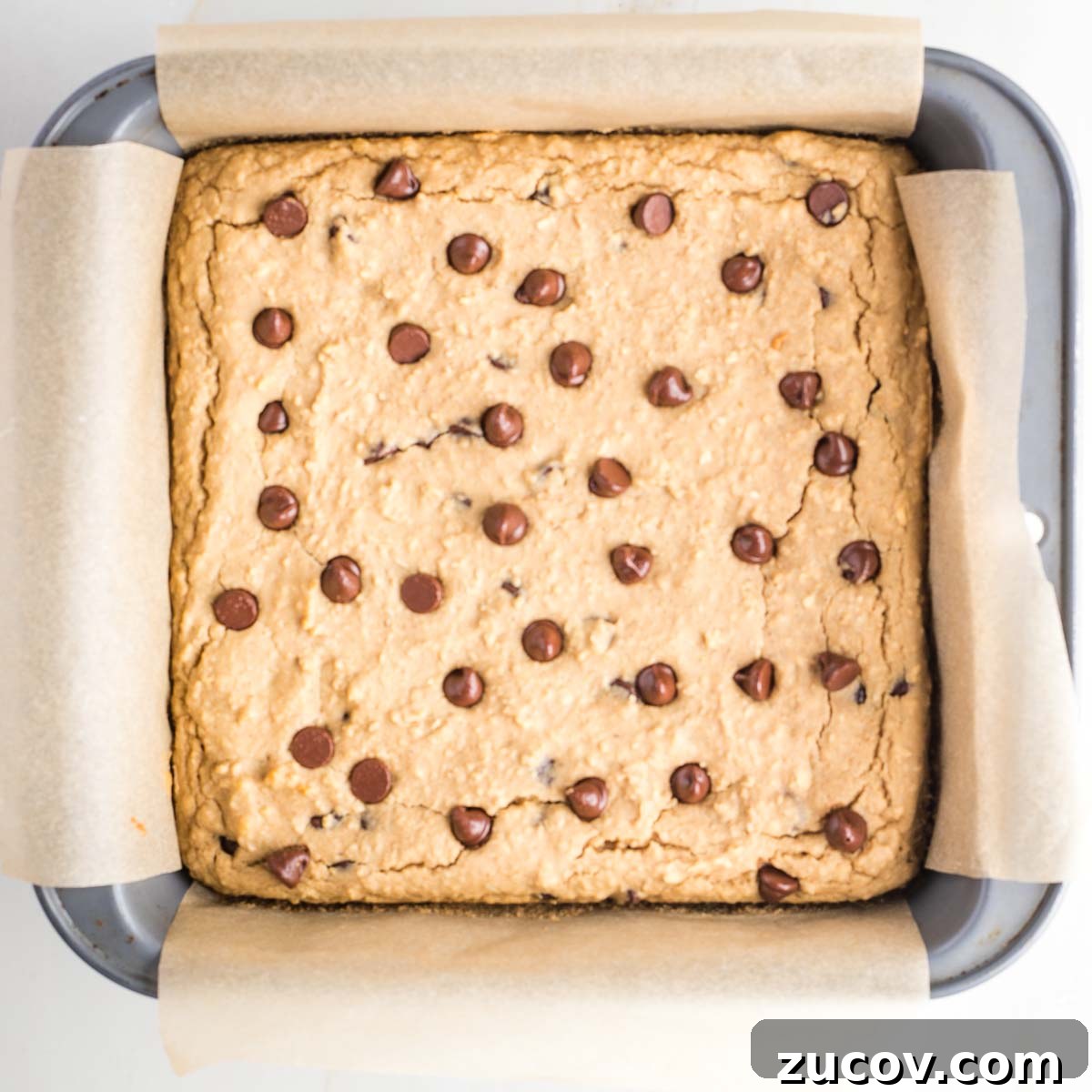 Vegan White Bean Blondies: Chewy, Protein-Packed Treats 12 Baked blondies with chocolate chips in a square baking pan with parchment paper.