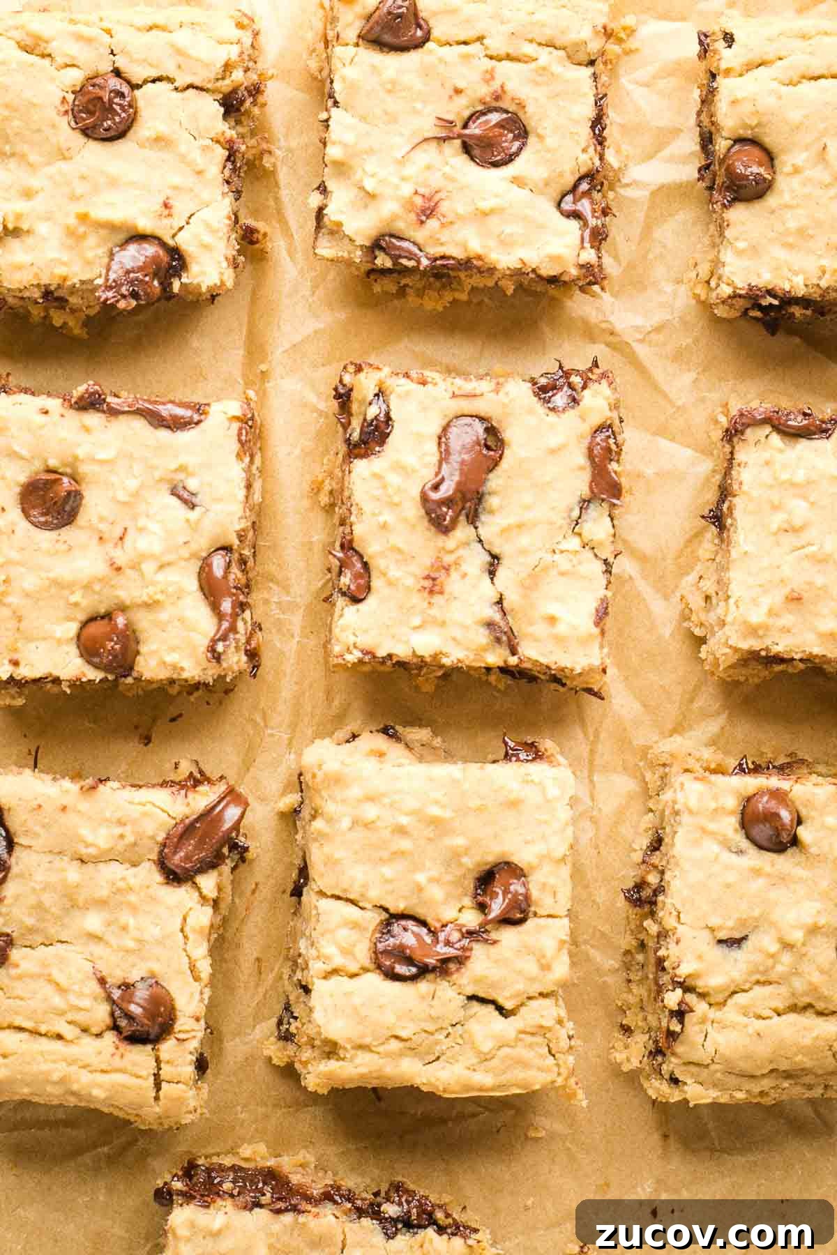 Vegan White Bean Blondies: Chewy, Protein-Packed Treats 14 Squares of chocolate chip blondies on a piece of unbleached parchment paper.