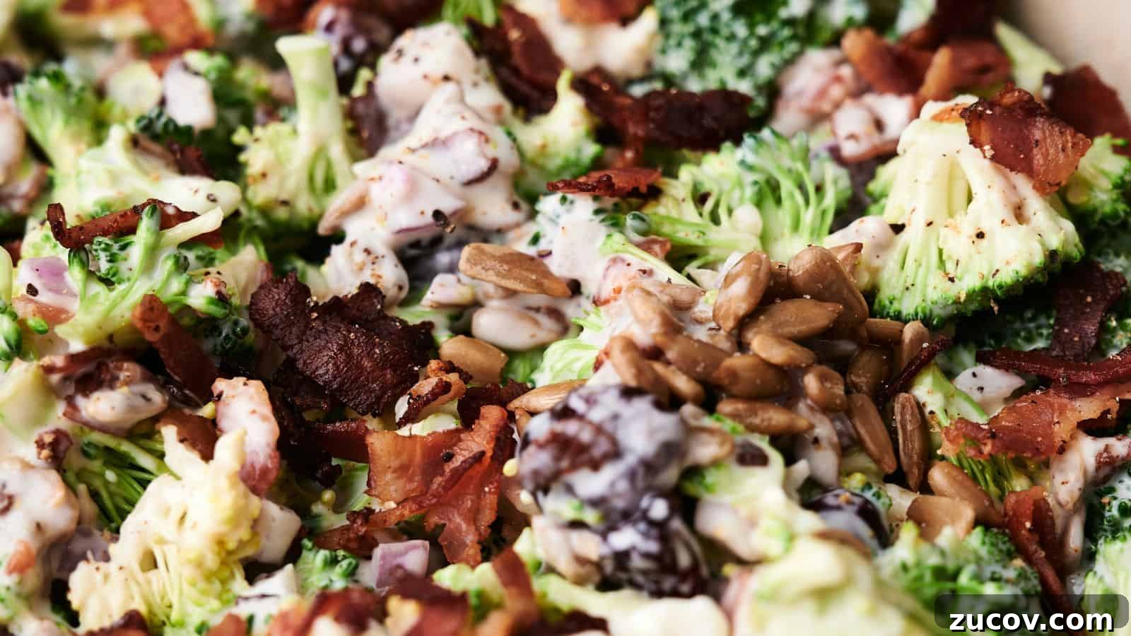 21 Summer Budget Meals That Make Takeout Obsolete 11 Close-up of a delightful broccoli salad with crispy bacon, sunflower seeds, and a creamy dressing. Mixed ingredients are visible in detail, showcasing the vibrant textures and colors of this fresh broccoli salad.