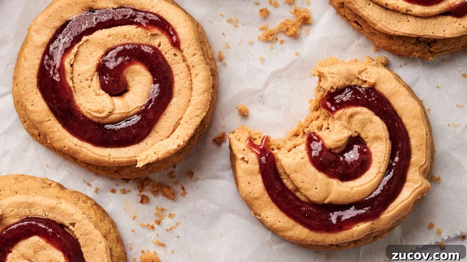 21 Summer Budget Meals That Make Takeout Obsolete 14 Close-up of spiral cookies with red jam filling on parchment paper, reminiscent of Copycat Crumbl Peanut Butter and Jelly Cookies, one partially eaten and surrounded by crumbs.