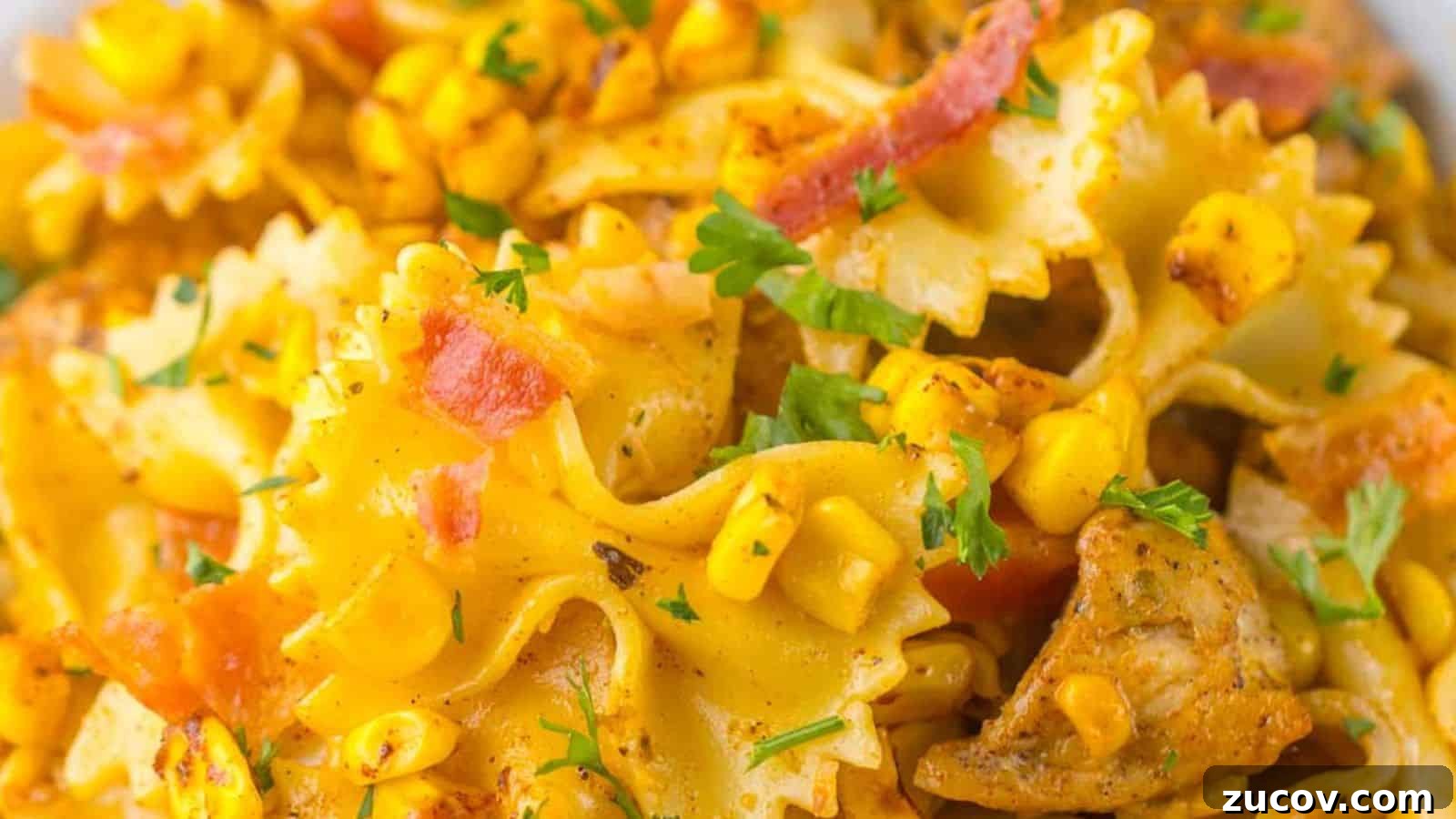 21 Summer Budget Meals That Make Takeout Obsolete 16 Close-up of a pasta dish with corn, bacon, and herbs, seasoned with a creamy yellow sauce.