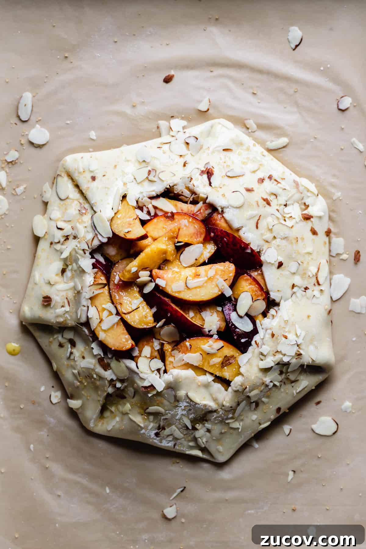 Peach and Almond Frangipane Galette Recipe 11 Overhead shot of the ready to go galette before baking