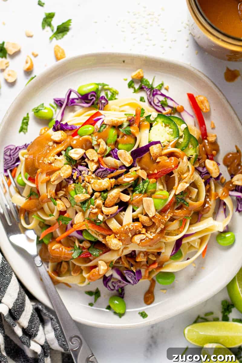 Chilled Vegan Peanut Noodle Salad with Crunchy Veggies 7 White plate filled with vegan peanut pasta salad garnished with fresh cilantro