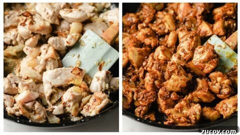 Authentic Chicken Jalfrezi Recipe: Spicy Tangy Curry at Home 17 Chicken thighs sauteed in onions in a black skillet and spices added to chicken thighs in a black skillet