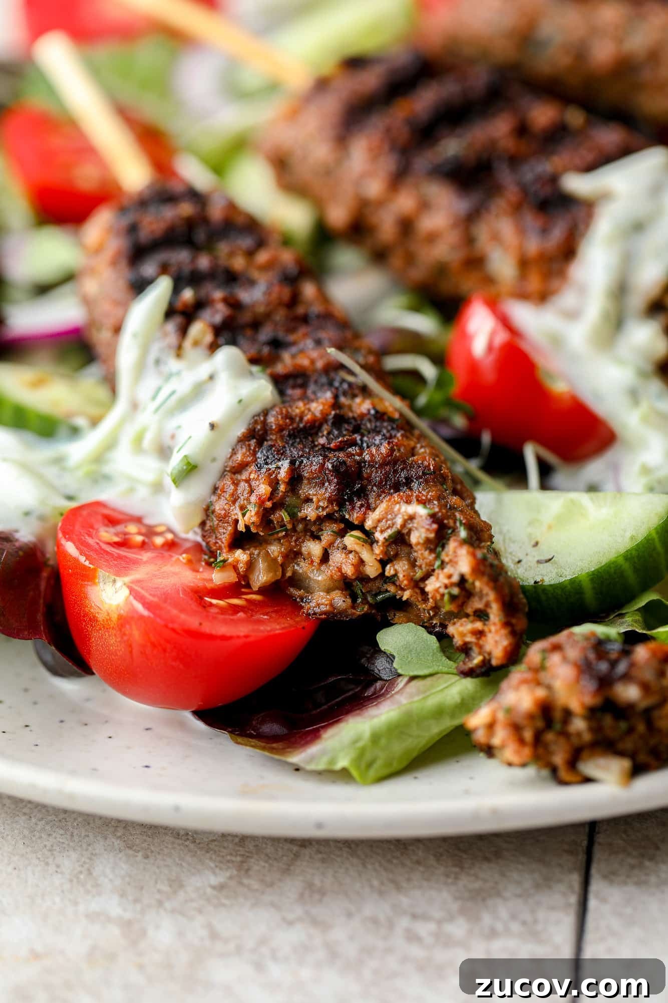 Vegan Kofta Recipe: Flavorful Plant-Based Meatballs 3 close up on a vegan kofta kebab with a bite taken out of it.