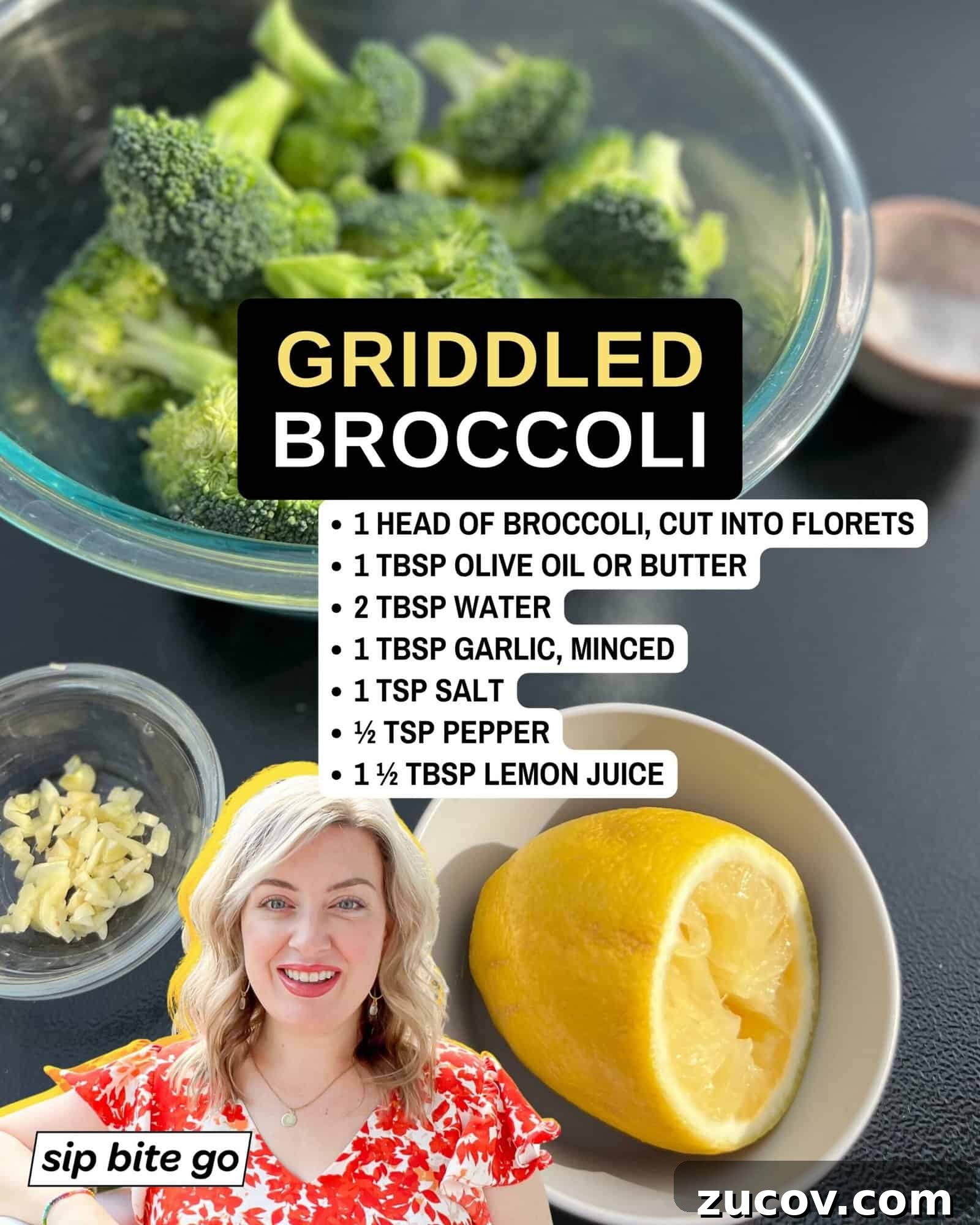 Griddled Broccoli: Crispy, Charred Broccoli on the Stovetop 4 Infographic with list of recipe ingredients for griddle cooking broccoli
