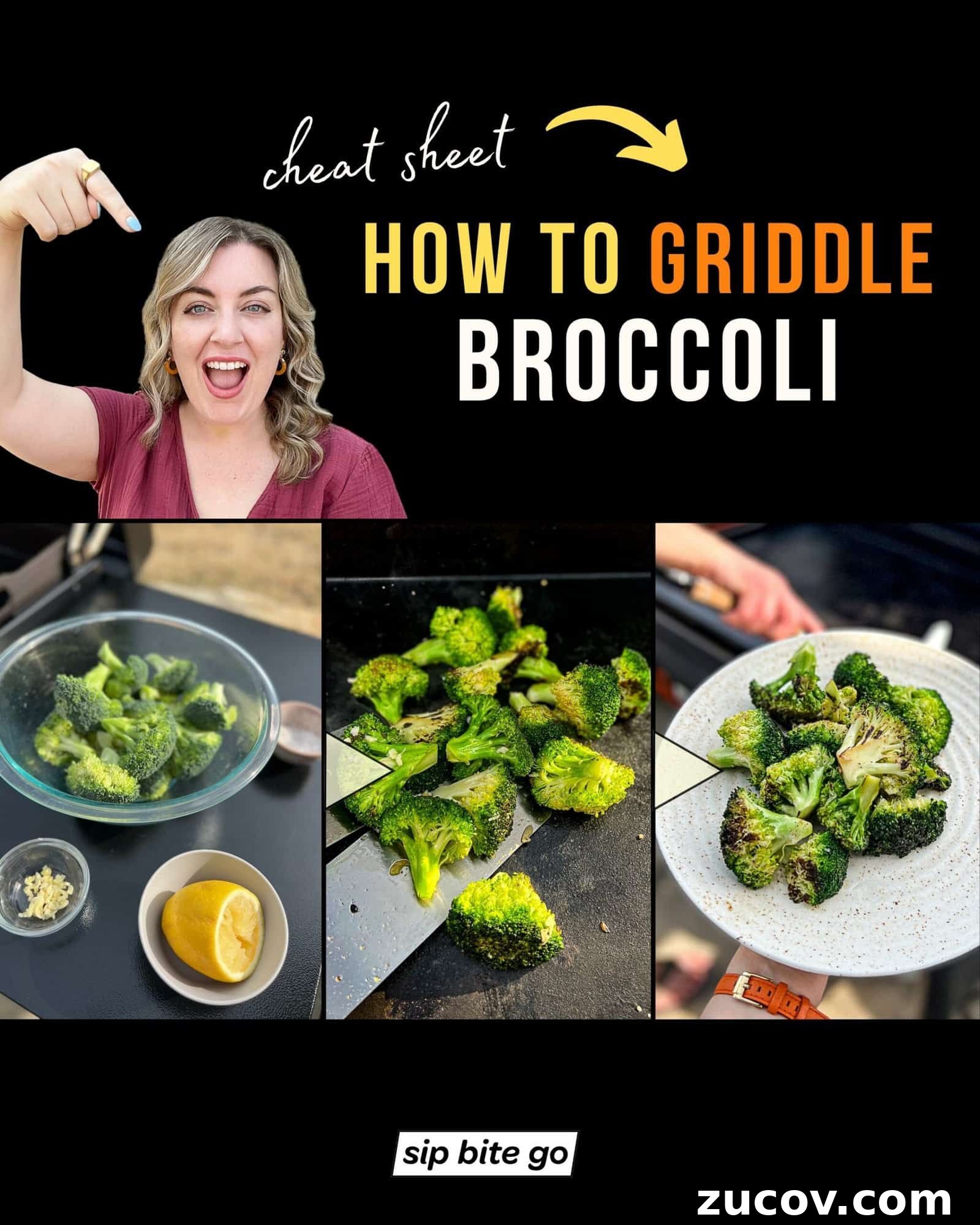 Griddled Broccoli: Crispy, Charred Broccoli on the Stovetop 5 Infographic with step by step recipe images for cooking griddled broccoli